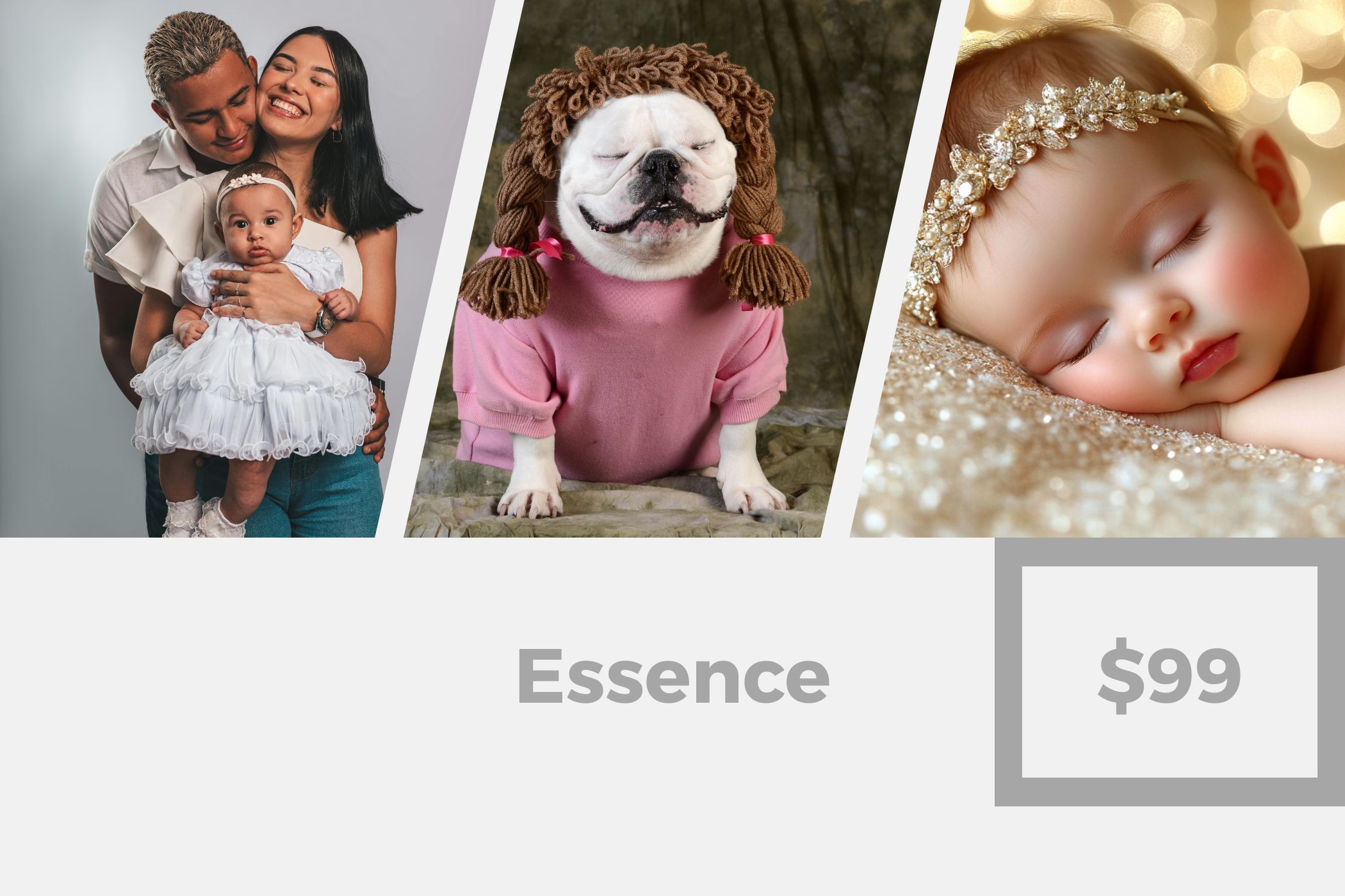 Enjoy a 90-minute studio photoshoot session, 
including 20 beautiful digital images of your choice. 
Additional images are available for just $10 each.